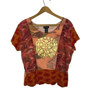 Y2K Vintage West End Mixed Print Boho Exposed Seams Metallic Graphic T Shirt